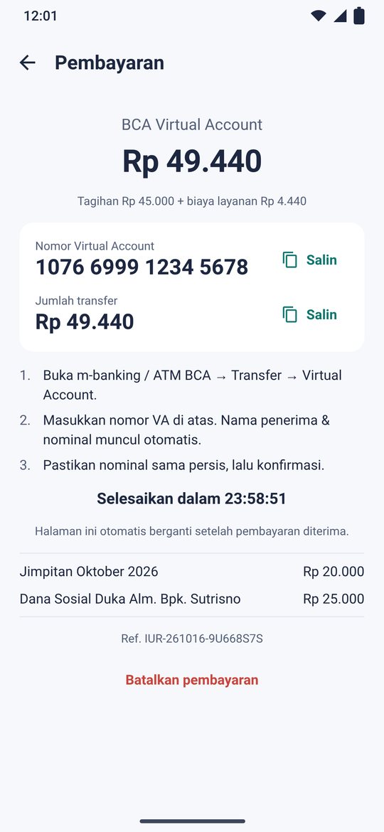 Contoh layar aplikasi: Membayar iuran